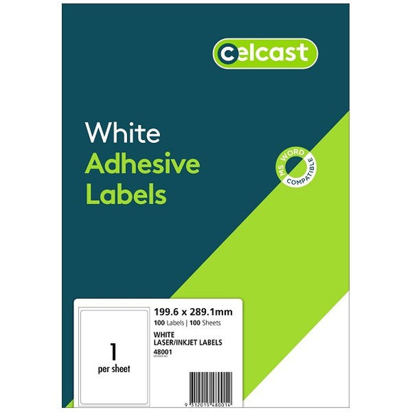 LABELS CELCAST 1UP 199.6X289.1MM LASER/INKJET WHITE PK100