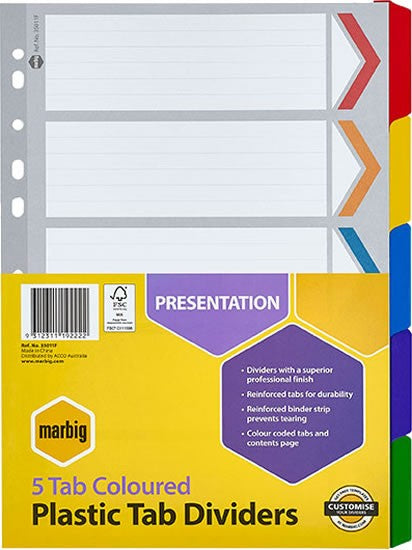 DIVIDERS MARBIG A4 MANILLA 5 TAB COLOURED