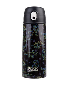 OASIS S/S DOUBLE WALL INSULATED KIDS DRINK BOTTLE W/SIPPER STRAW 550ML - NEON DINOSAURS