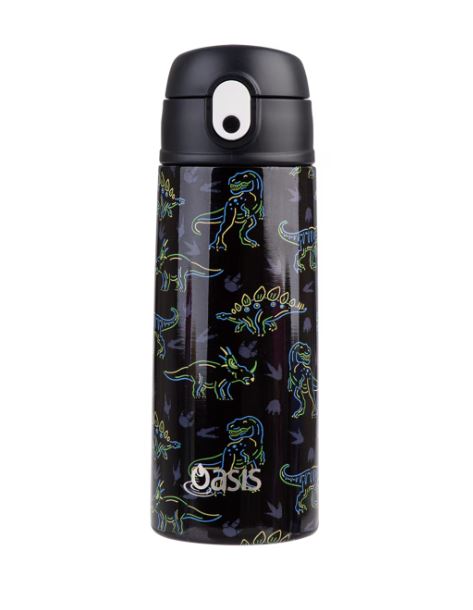 OASIS S/S DOUBLE WALL INSULATED KIDS DRINK BOTTLE W/SIPPER STRAW 550ML - NEON DINOSAURS